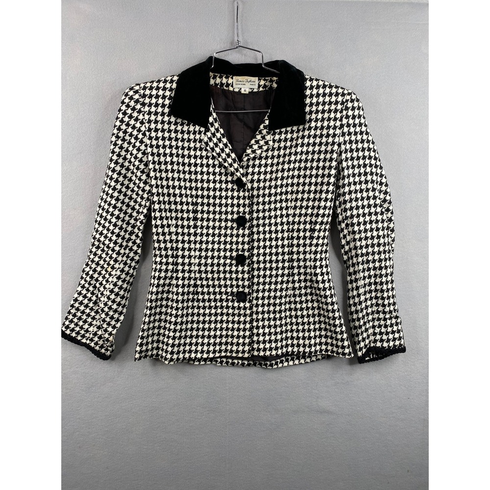 Renee DuMarr Vintage Houndstooth Blazer Black White Velvet Collar Size 6